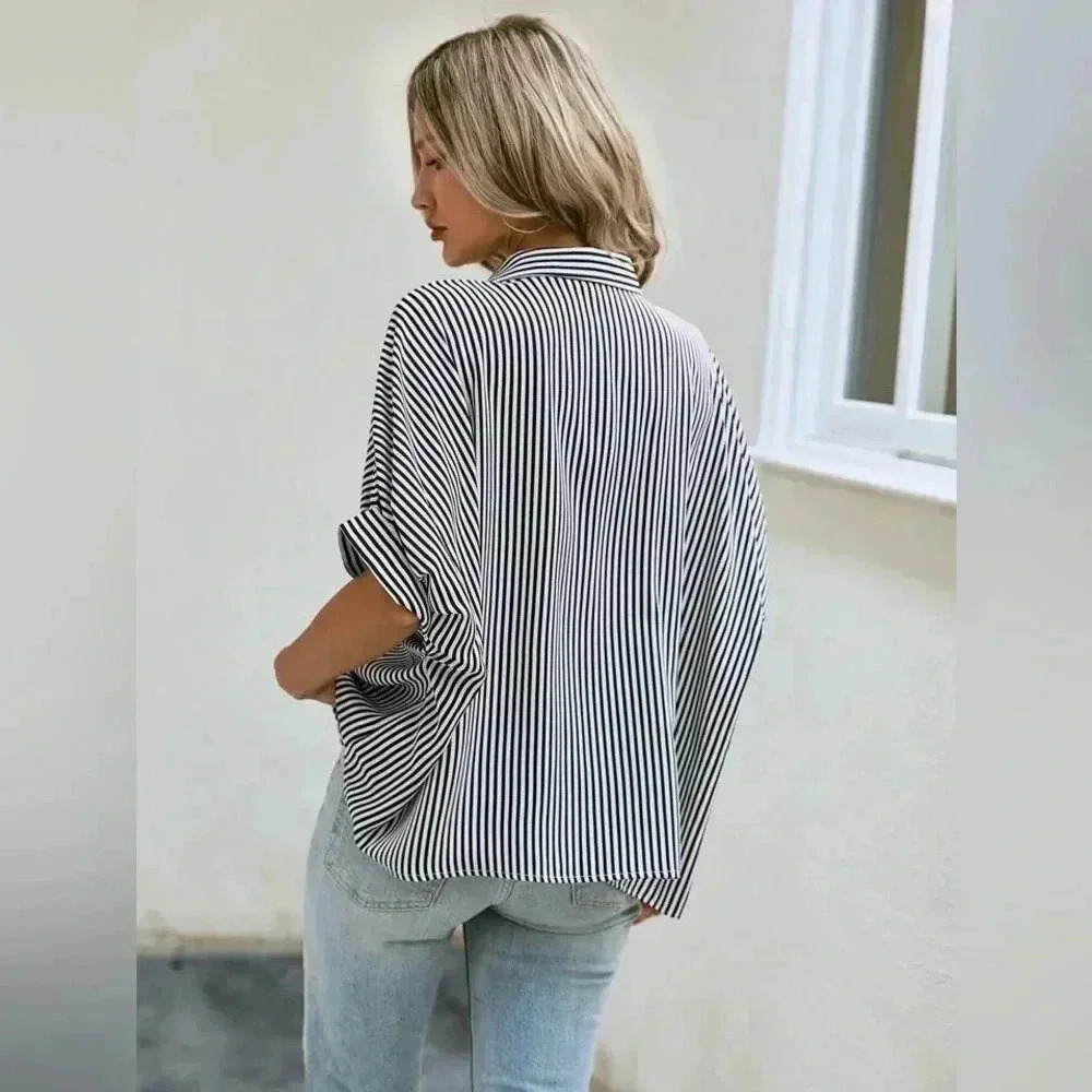 SHEIN Tall Striped Print Batwing Sleeve Shirt - Picture 3 of 4
